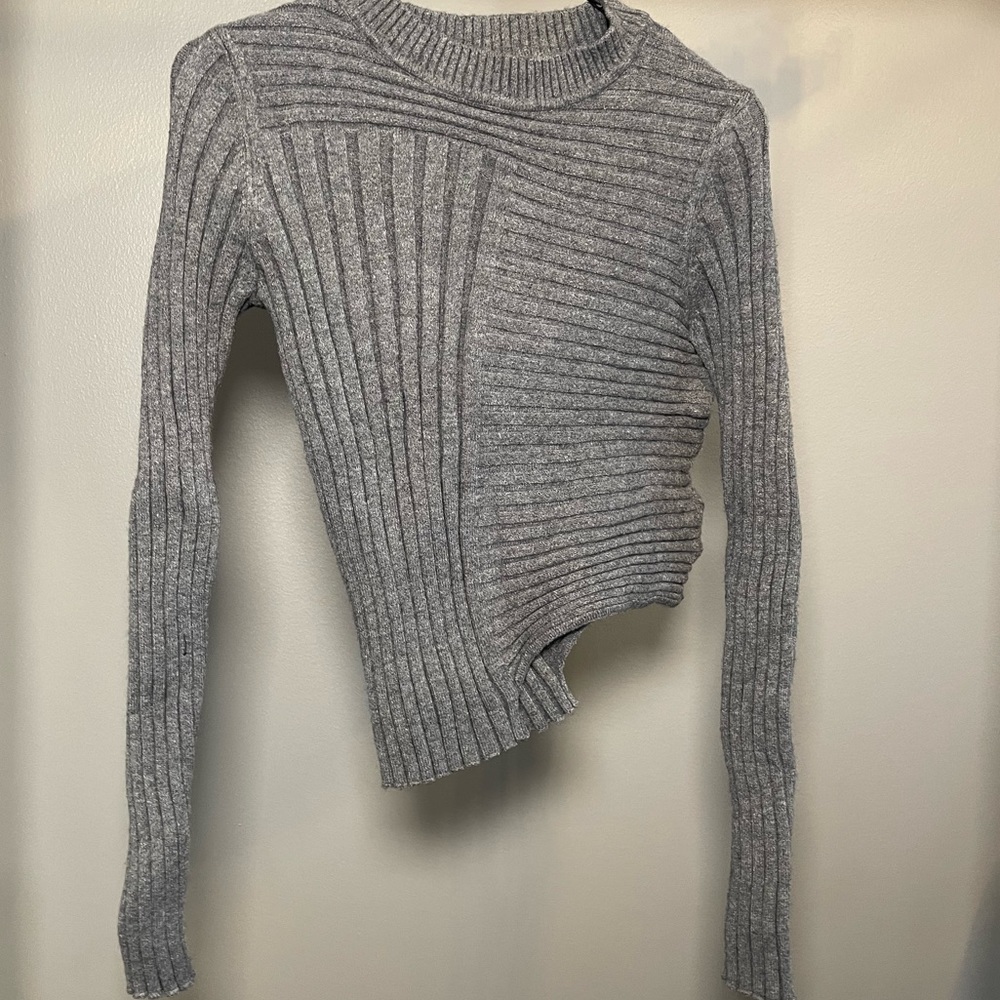 Grey Half Cropped Ribbed Knit Sweater